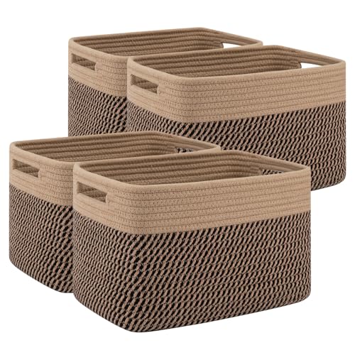 4 Pack Storage Baskets for Organizing, Woven Baskets for Shelves - Perfect for Toys, Books, Towels, and Clothes, Durable Gift Basket Bins Toy Storage, 12.7''L x9''W x7.8''H, Black and Brown - color: Brown & Black, size: Small/12.7''Lx9''Wx7.8''H
