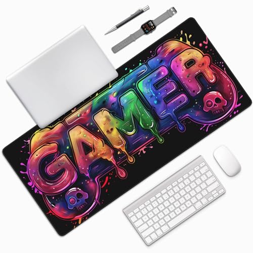 Gaming Mouse Pad, Extra Large Desk Mat, 35.4 x 15.7 Inches, Rectangular, Rubber, Anti-Slip Base, Gamer Print - color: Neon Gaming
