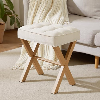 Royal Windsor Vanity Stool,Square Ottoman Stool Foot Rest,Upholstered Vanity Chair Foot Stool with Metal X Legs, Small Vanity Seat for Entryway,Bedroom and Living Room,Linen Beige - color: 12.6"d Beige+yellow