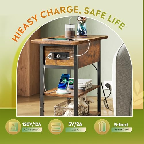 WLIVE End Table with Charging Station, Flip Top Narrow Side Table with Storage Shelf, Small Nightstand with USB Ports and Outlets,Bedside Table for Living Room, Bedroom,11.81" D x 23.62" W x 24.33" H - color: Rustic Brown