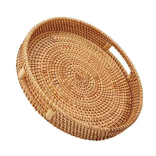 Round Rattan Serving Tray with Handles, Hand Woven Basket, Home Decor Organizer Tray for Breakfast, Tea, Snack, Fruit, Coffee,Storage (Medium)(11.9inchX1.7inch) - color: Medium