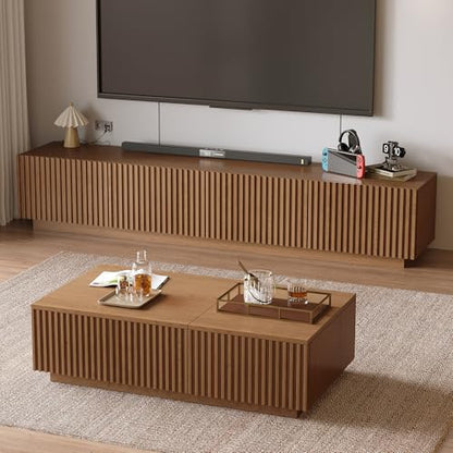 Walnut TV Stand and Lift-Top Coffee Table Set with Fluted Panel | Living Room Furniture Set, Walnut Finish, Adapts to Mid-Century Modern and Contemporary Home Styles