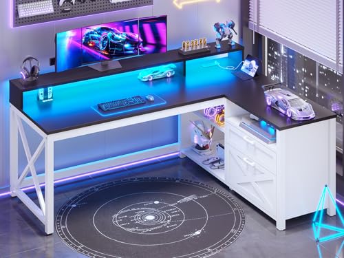 SEDETA Corner Computer Desk, 55" L Shaped Gaming Desk with Storage Drawers and Power Outlet, Farmhouse Corner Gaming Desk with Storage Shelves and LED Lights for Home Office, Black - color: Black