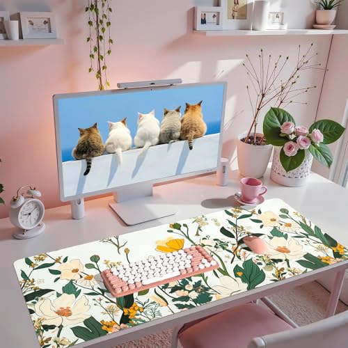 Large Desk Mat, Desk Matt for Desktop, Leather Mouse Pad, Waterproof Large Keyboard Pad, Anti-Slip Computer mat, Keyboard and Mousepad for Women Office Decor (35.4"x16.9") - color: Yellowflower, size: 35.4" x 16.9"