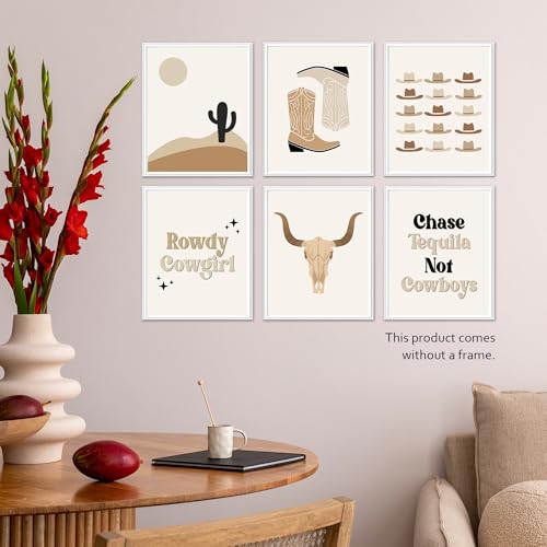 Isfvqyub Preppy Boho Western Country Wall Art, Aesthetic Cowboy Hat Cowgirl Boot Poster For Girl Boy, Trendy Cow Skull Wall Decor For Bedroom Dorm College Apartment, Set Of 6 -A15 - size: Western Country