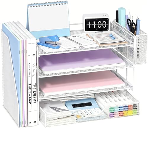 OPNICE Desk Organizer, 4-Tier Desktop File Organizer with Drawer and Pen Holders, Office Desk Accessories, File Sorters, Workspace Organizers for Office Supplies(White - Metal Pen Holder) - color: White - Metal Pen Holder, size: 4-tier