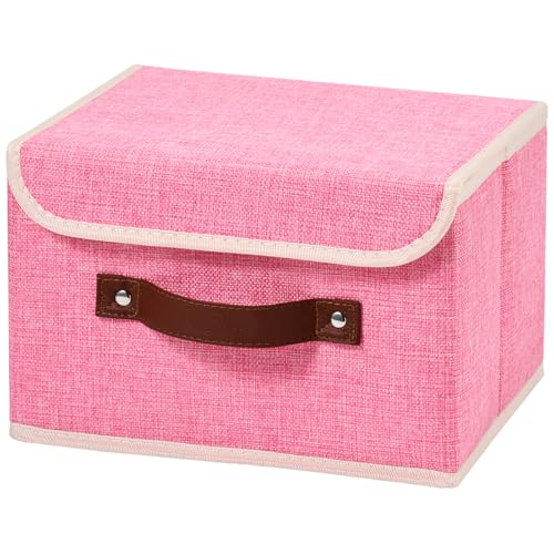 Storage Boxes with Lid Cotton Linen Fabric Storage Bins Organizer Container Decorative Collapsible Washable Shelf Baskets Faux Leather Handles for Home Bedroom Closet (Pink, Small) - color: Pink, size: Small (Set of 1)