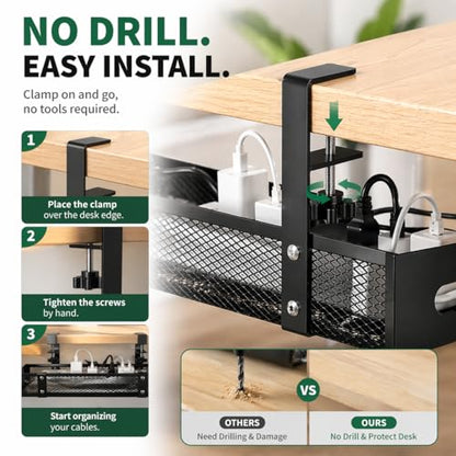 Under Desk Cable Management Tray, Metal Desk Cord Organizer, Adjustable Clamp, No Drill, Durable Desk Cable Organizer – 15.7'' - size: 15.7 inch