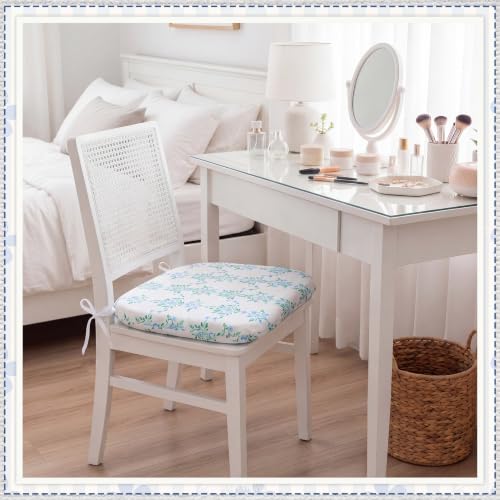 6 Pack Grandmillenial Chair Cushions for Dining Chairs 17" x 16" x 2" D-Shaped Breathable Blue and White Floral Linen Kitchen Chair Pads with Ties Washable Non Slip Seat Cushion - style: Floral
