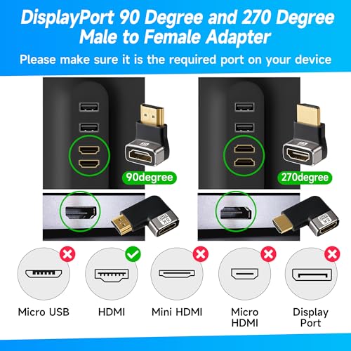 Right Angle 8K HDMI 2.1 Adapter Multi-Type 90 Degree and 270 Degree Adapter 4 Pack, HDMI Male to Female Vertical Connector Converter HDMI L Shape Extender, Support 8K@60Hz，4K@120Hz，4K@60Hz，4K@30Hz - color: (Up & Down) and (Left & Right) HDMI Male to Femal