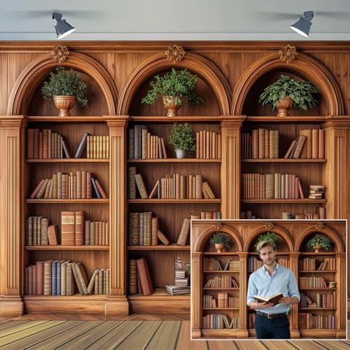 8 x 6 ft Arched Bookshelf Backdrop Modern Vintage Library Books Office Plants Video Conference Photography Home Office Meetings Indoor Decorations Photo Banner Props - color: Brown3, size: 8X6FT