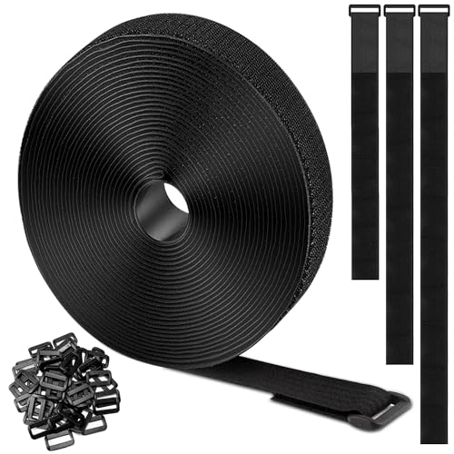 20Ft x 1" Adjustable Cable Straps with 30 Buckles, Hook and Loop Straps, Reusable Nylon Cable Ties for Cord Organiser, Organizer, Cable Tidy, Free Cut Length, Black - size: 20Ft x 1inch