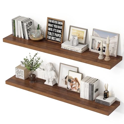 48 Inch Floating Shelves, 12 Inch Deep Floating Shelves for Wall, Extra Deeper & Thicker Wooden Wall Shelf with Invisible Brackets, Shelf for Bedroom Living Room Home Decor（Walnut, Set of 2） - color: Walnut, size: 48"W x 12"D x 2"H, Set of 2