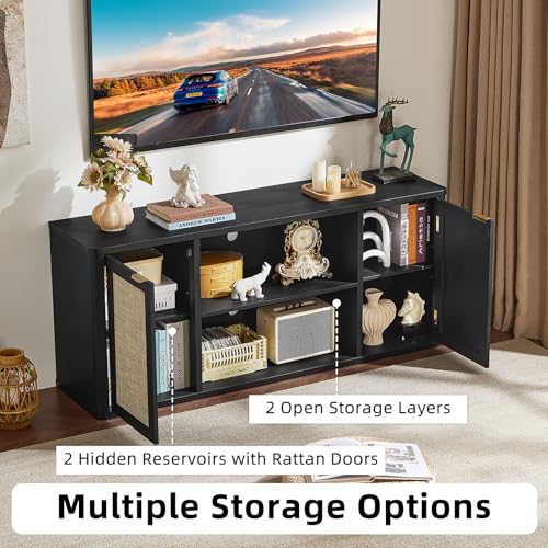 LEYAOYAO Rattan TV Stands for Living Room, Boho Entertainment Center with Storage and Open Shelf, Wood Media Console for 50-65 Inch TV, Black