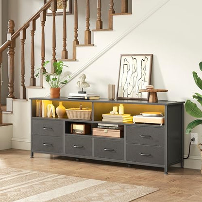 Korfile 55 Inch LED TV Stand for Bedroom, 6 Drawers Entertainment Center with Power Outlets for 50/55/60 Inch TV, Media Console Table with Shelves for Living Room & Hallway, PU Leather Surface, Black