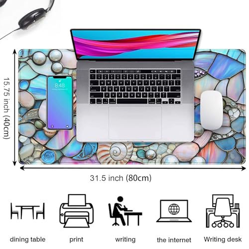 Stained Glass Desk Mat Large Mouse Pad Extended Desk Pad, Gaming Computer Mouse Mat XXL, Big Desktop Keyboard Mat, Full Desk Laptop Pad for Office Work, Ocean Desk Decor Aesthetic 31.5×15.7 Inch - color: Coastal Seashells