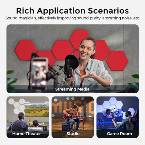 Self-Adhesive Acoustic Panels [390 lbs/yd³ Ultra-High Density], 2nd Generation Sound Absorbing Panel, Professional Level Sound Panel, Polyester Soundproof Foam [Medium Hexagon, Red] - color: Red, size: Medium Hexagon (12''x10''x0.4'')