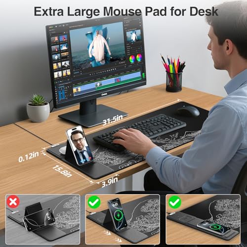 Wireless Charging Mouse Pad with Foldable Phone Holder, 31.5"x15.8" Large Desk Mat for Laptop/Keyboard, Waterproof Ultra-Smooth Surface, Non-Slip Base, Black Wave - color: Black Wave-31.5"x15.8"-Phone Holder