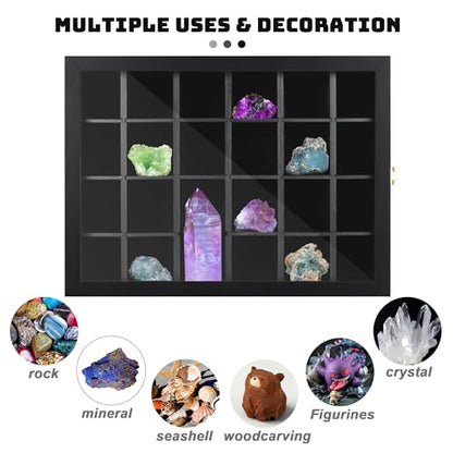 Adjustable Rock Display Case Wall Mounted, Crystal Collection Box with Shelves, Wooden Rock Collection Box for Kid and Collectibles