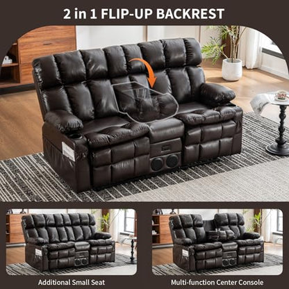 Loveseat Recliner Sofa with Massage & Heat, Flip Backrest, Reclining Home Theater Seating with Console, RV Couch Sofa with Bluetooth Speaker, USB/Outlet/Storage/Cup Holder/Side Pocket, Brown - color: Brown, size: Loveseat with Console