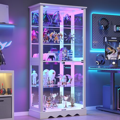 Dystler Display Cabinet with RGB LED Lights & Glass Doors, 5-Tier, White | Human Sensor Lighting, Flexible Storage with Adjustable Shelves, Modern Design Curio Cabinet - color: Pure White