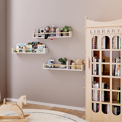 Fixwal Nursery Book Shelves, 23.6 Inch Floating Bookshelves for Wall Set of 3, Baby Nursery Decor, Solid Wood Wall Mounted Shelves for Books, Toys and Decor Storage (White and Natural Wood) - color: White and Natural, size: 23.6inches