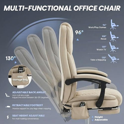MALOL Massage Office Chair with 3-Level Heat and Footrest – 20-Min Easy Assembly, 300 lbs Big and Tall Reclining Desk Chair, PU Leather Ergonomic Executive Computer Chair with Side Pocket, Beige - color: Beige, size: Set of 1, style: Modern