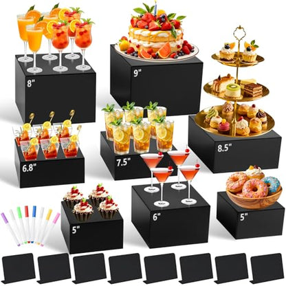 8Pcs Black Acrylic Buffet Risers with Mini Sign and Marker, Food Display Risers for Party Catering Dessert Jewelry, Acrylic Cube Nesting Boxes with Hollow Bottoms(9" 8.5" 8" 7.5" 6.8" 6" 5" 5") - color: 9" 8.5" 8" 7.5" 6.8" 6" 5" 5