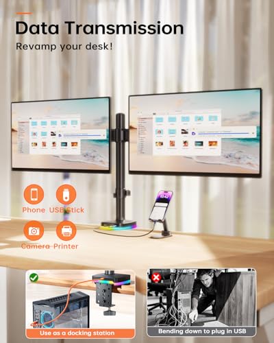 Afaloona RGB Dual Monitor Stand with USB Hub, Dual Monitor Mount for 13-27 Inch Screens, Adjustable Arm Desk Mount with 1 USB-C & 2 USB Ports, Height Swivel Tilt Rotation, VESA 75x75/100x100 - size: RGB Dual Monitor Arm