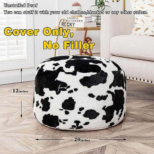 Asuprui Pouf Ottoman Unstuffed, Faux Rabbit Fur Cover, No Filler, 18" Round, Black and White - color: Black Cow Printed