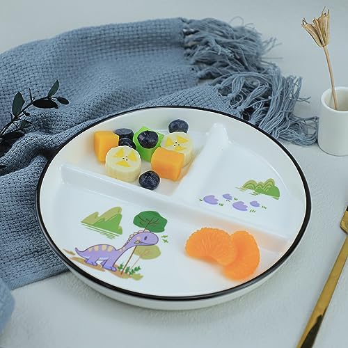 SOCOSY Dinosaur Ceramic 3-Compartment Portion Control Plate Divided Dish Platters, Divided Dessert & Salad Dinner Snack Dishes, Appetizer Serving Trays, 1 PCS-Dinosaur-Purple-8 Inch - color: Purple Dinosaur