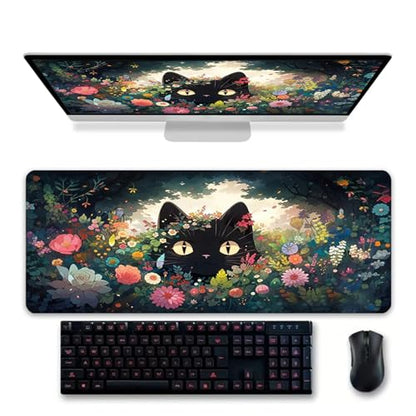 Gaming Mouse Pad XXL Extended Anime Mouse Pad 31.5x11.8 inch, Large Cute Kawaii Big Computer Mouse Mat Desk Pad with Non-Slip Rubber Base and Stitched Edge for Home Office-Flowers Cat - color: Cat in Flowers, size: 31.5L x 11.8W inches