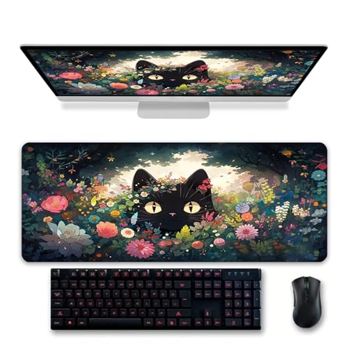 Gaming Mouse Pad XXL Extended Anime Mouse Pad 31.5x11.8 inch, Large Cute Kawaii Big Computer Mouse Mat Desk Pad with Non-Slip Rubber Base and Stitched Edge for Home Office-Flowers Cat - color: Cat in Flowers, size: 31.5L x 11.8W inches