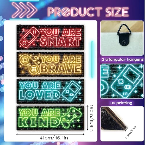 4 Pcs Neon Gaming Wooden Wall Sign Neon Gamer Hanging Sign Wall Decor Large Inspirational Wood Wall Art Decor for Boys Kids Room Bedroom Playroom Decorations, 16 X 5 Inch - color: a, size: 16x5