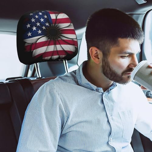 Dujiea 2 Pack American Flag Daisy Car Headrest Covers, Universal Soft Car Seat Head Rest Cover Protector, Vehicle Accessories Fabric Headrest Cover for Cars Vans Trucks - color: American Flag Daisy