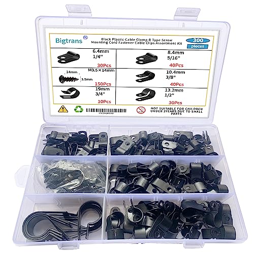 Bigtrans 300 Pcs Nylon Plastic R-Type Wire Clips with Screws 1/4" 5/16" 3/8" 1/2" 3/4" Clamps Fasteners Assortment for Cable Conduit -5 Size -Black - color: Black, size: 300 Pack Clips with Screws