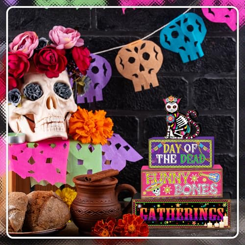 Britimes 4 Pcs Day of the Dead Table Decor Halloween Cat Tiered Tray Decorations Set Funny Bones Stack Block Signs Gift Rustic Farmhouse Tabletop Decor for Table & Home Office - style: Day of The Dead