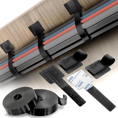 Cable Management Kit – 40 Self-Adhesive Hook & Loop Cable Ties with 2 Extension Straps, Strong Adhesive Cord Organizer for Desk, Wall, Home & Office – Adjustable Wire Holders (Black) - color: Black