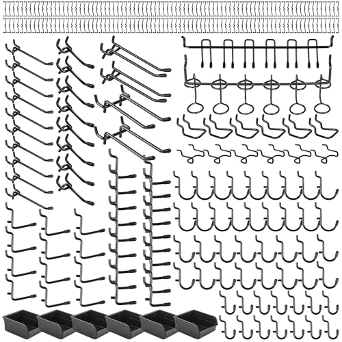 196 PCS Extra Thick 1/4" Pegboard Hooks Set, Heavy Duty Peg Board for Hanging Storage, Black Metal Pegboard Accessories with Pegboard Bins for Garage Wall Organizer - size: 196PCS