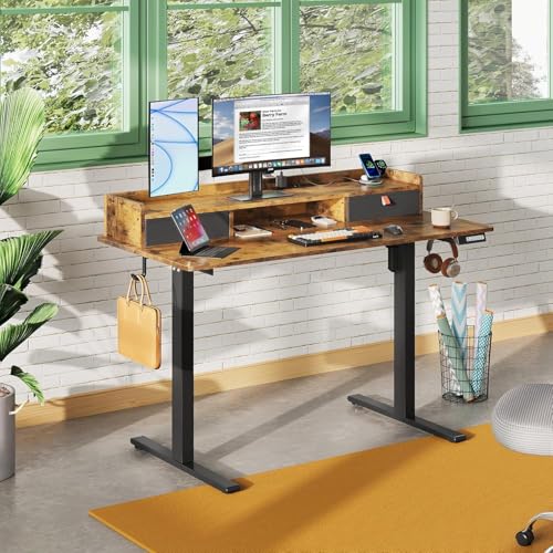DEVAISE 48 Inch Electric Standing Desk with Shelf, 3 Adjustable Computer Desk for Home Office, with LED Touchscreen，Headphone Hook, 3 Memory Preset, with One-Piece Desktop, Rustic Brown - color: Rustic Brown, size: 48 Inch / One-Piece Top/ with Shelf