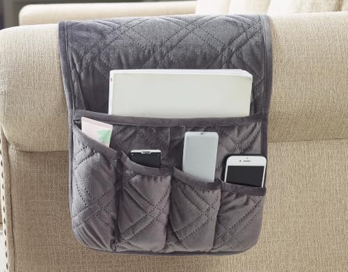 Brilliant Sunshine Velvet Couch Armrest Organizer, Grey (35"×13") | Non Slip Armchair Caddy for Sofa Recliner, Washable Remote Controls Holder, Storage for Magazine, Phone, iPad - color: Gray