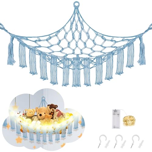 CERETIA Stuffed Animal Hammock with LED Light, Large Stuffed Animals Storage Corner Plushie Net for Kids Room Decor, Jumbo Baby Blue - color: Baby Blue, size: Jumbo-(Package of 1)