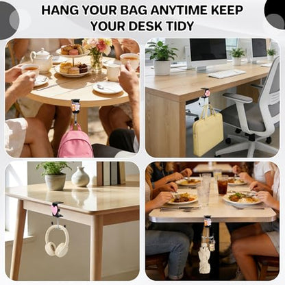 AULEEP 2 Pack Clamp-On Under Desk Bag Hook, Adjustable Purse Holder for Table with Cute DIY Stickers, 100 lbs Capacity Heavy-Duty Desk Organizer Hooks for Handbag, Backpack, Headphone, Black - color: Black
