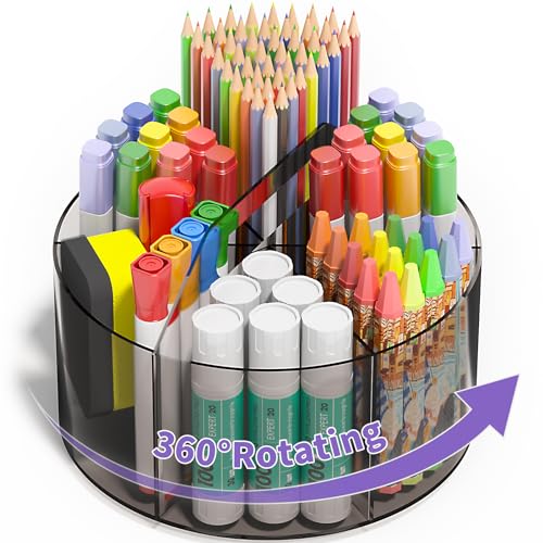 Mefirt Acrylic Pen Organizer, 360 Degree Rotating Desk Organizer with 6 Compartments Crayon Holder for Office, School, Home, Art Supply, Grey - style: Grey-Large
