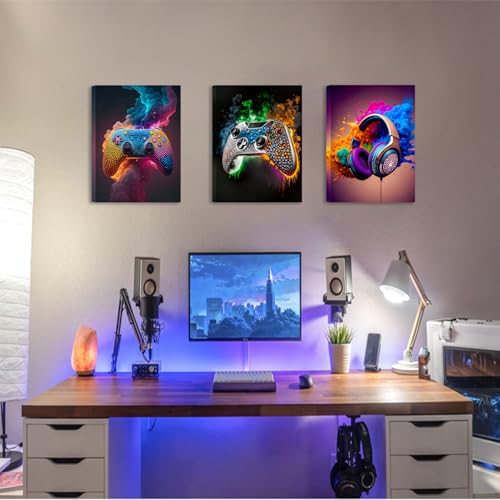 SEHSUVC Gaming Room Canvas Wall Art Set of 3, Game Posters Wall Decor, Gamer Paintings Picture Print for Boys Room Kids Game Room Bedroom Boys Home Decoration 16x24 In Framed Ready to Hang - color: Colorful Canvas, size: 24L" x 16W"