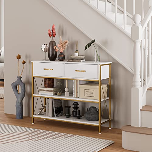 HITHOS Industrial Console Table with 2 Drawers, Narrow Long Entryway Table with 3-Tier Storage Shelves, Industrial Sofa Foyer Table for Living Room, Hallway, Entry Way, Foyer, Kitchen, White/Gold - size: 39.4"