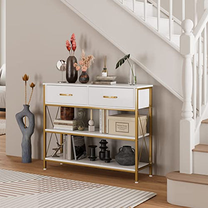 HITHOS Industrial Console Table with 2 Drawers, Narrow Long Entryway Table with 3-Tier Storage Shelves, Industrial Sofa Foyer Table for Living Room, Hallway, Entry Way, Foyer, Kitchen, White/Gold - size: 39.4"