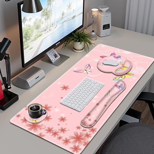 Peach Pink Butterflies Florals Mouse Pad, XXL Large Desk Mat Extended Reading Desk pad, 4 PCS Non-Slip Rubber Base Computer Big Mousepads for Work, Game, Office, Home Decor Cute Girls Woemn Gifts - color: Peach Pink Butterflies Florals