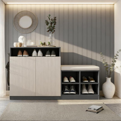 Low Entryway Shoe Cabinet with Bench,2 Doors and 3-Tier Adjustable Shelves,Living Room Benchs with 4 Open Shoe Racks and Removeble Cushion,Storage Console Table with Wavy Slatted Door and Hooks,Grey - color: Beige+grey