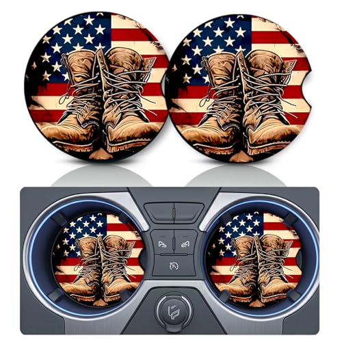 2PCS USA Flag Combat Boots Car Cup Holder Coasters, Cars Coasters for Cup Holders, 2.75" Universal Anti Slip Rubber Mat with Finger Slot, Patriotic Car Accessories Interior Decor, Veteran Gifts - color: American Flag & Boots